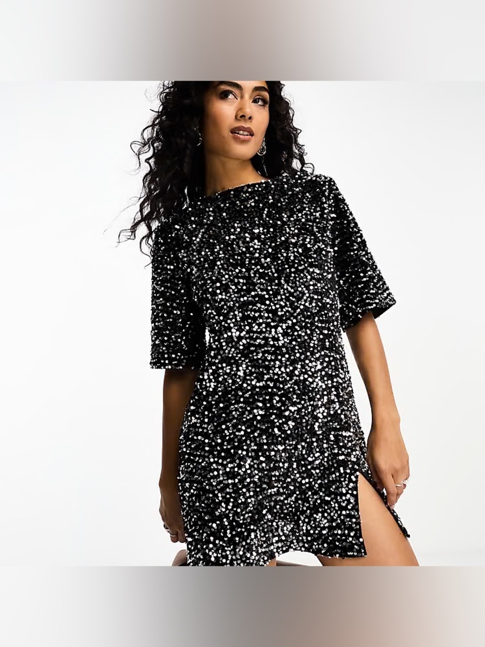 Black Sequin Mini Dress with Short Sleeves